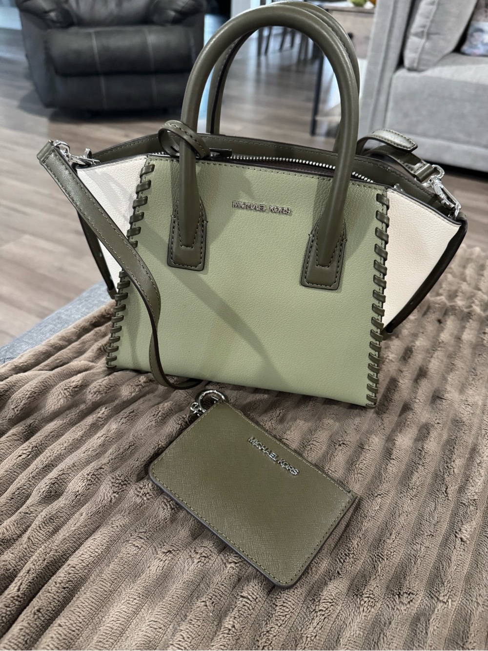 Michael Kors Sage Green and White Whipstitch Satchel with Cardholder